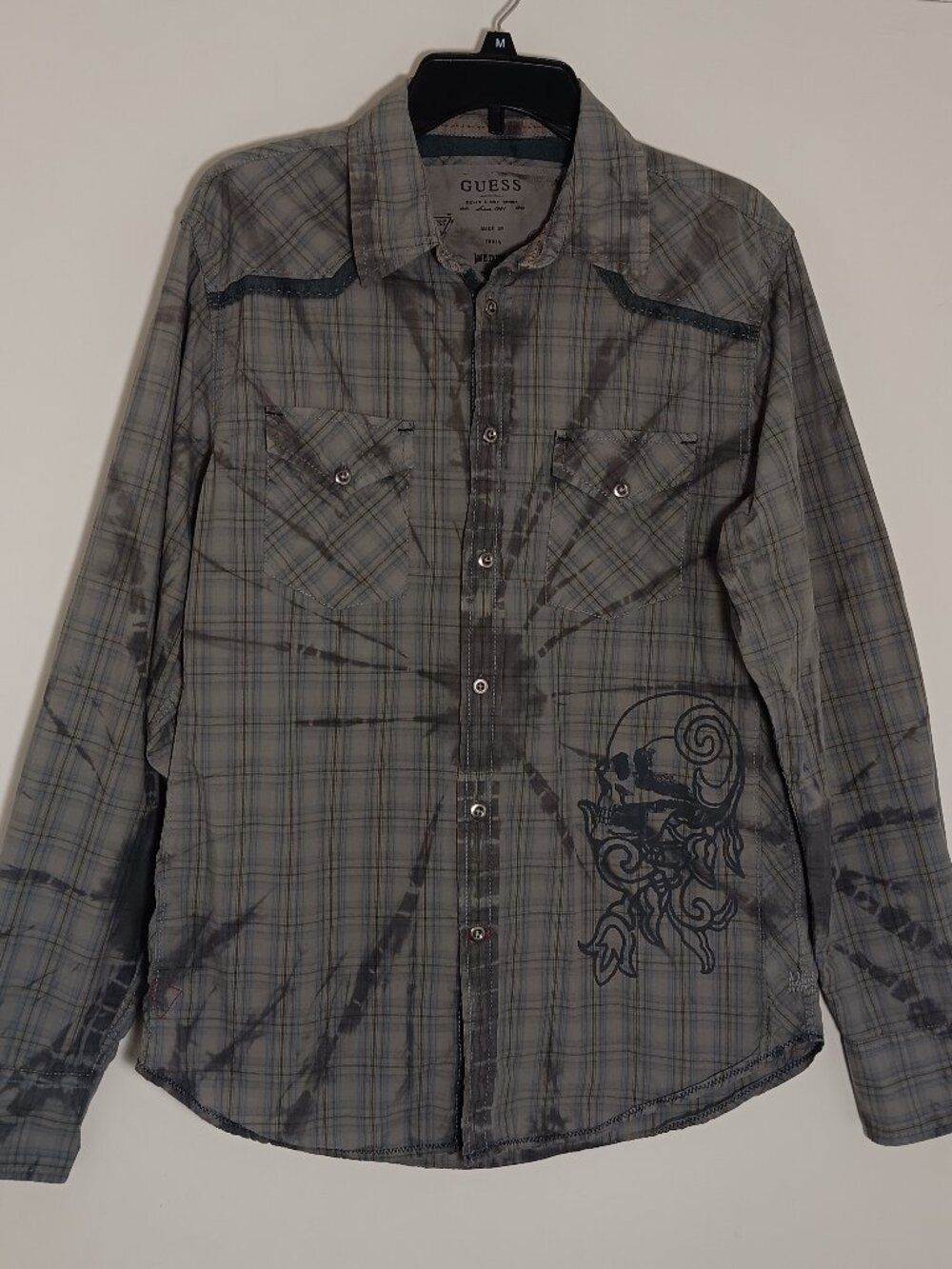 Guess denim & day goods mens medium plaid western button shirt skull graphic y2k